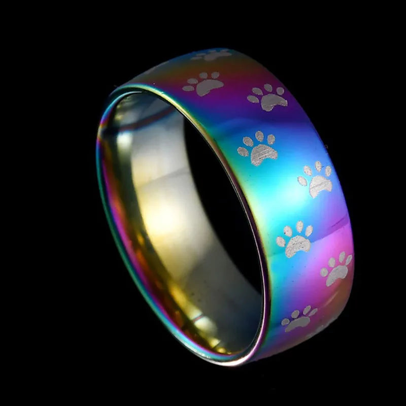 Handmade rainbow stainless steel paw print ring