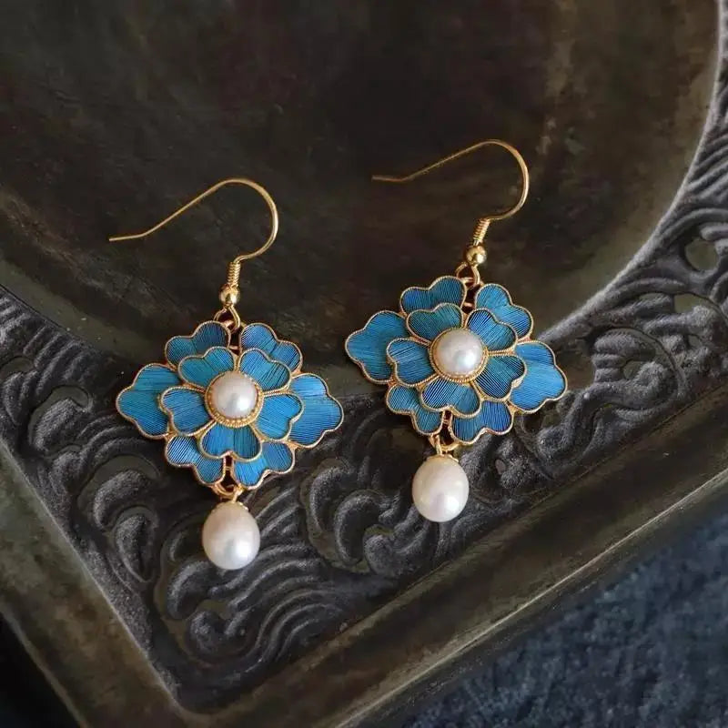 Vintage Blue Enamel Flower Pearl Drop Earrings