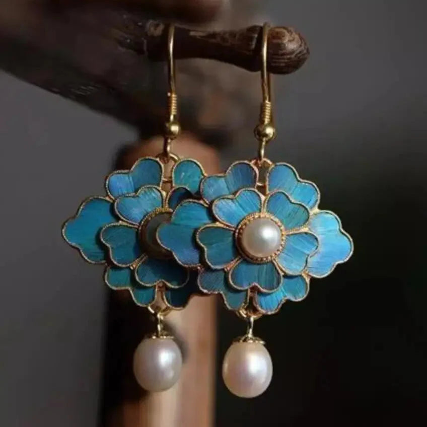 Vintage Blue Enamel Flower Pearl Drop Earrings