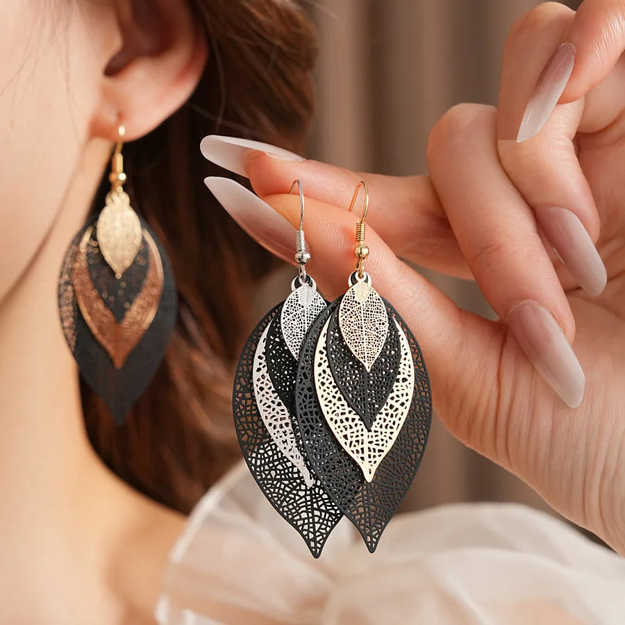 Black & Gold Filigree Leaf Earrings