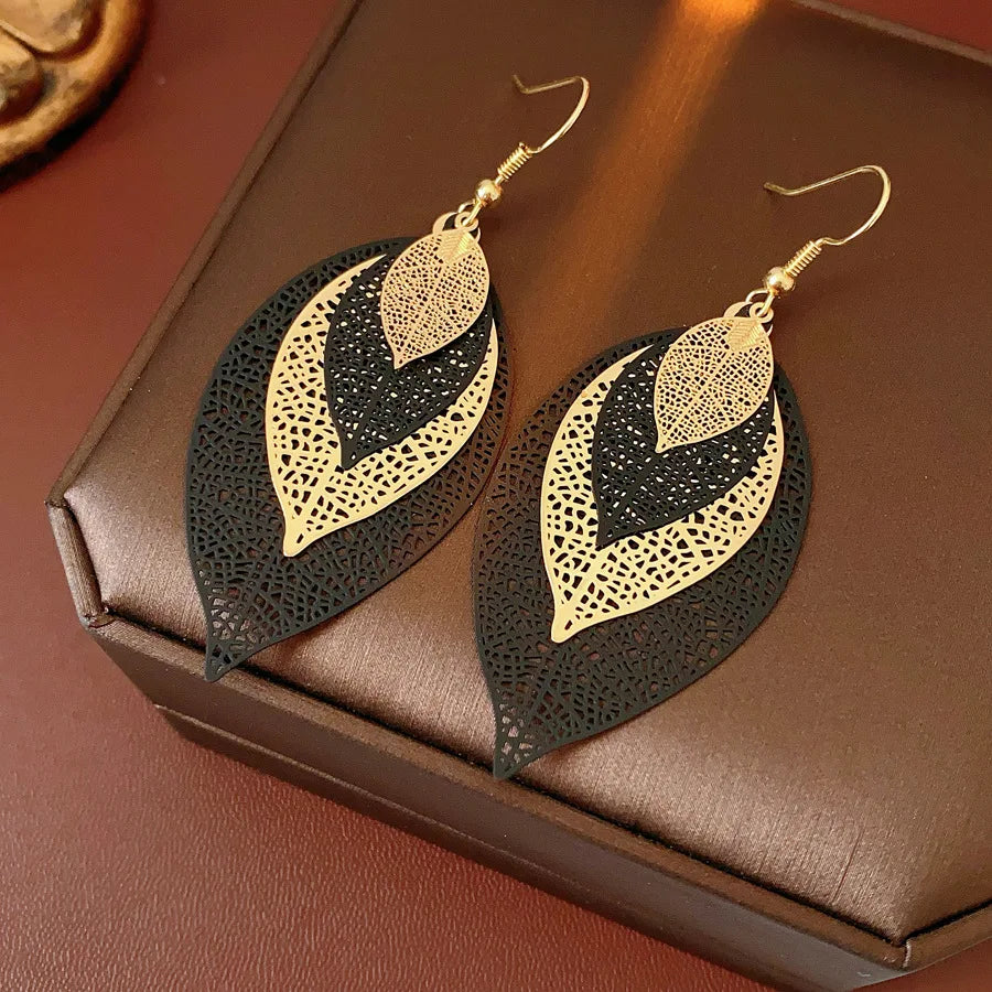Black & Gold Filigree Leaf Earrings