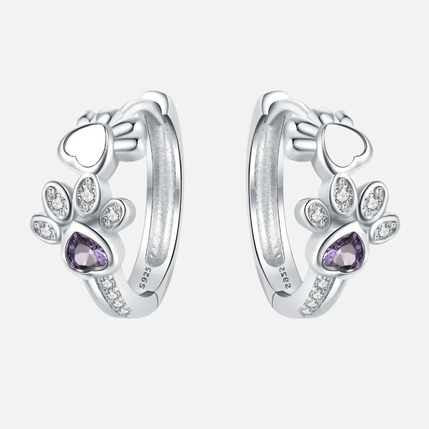 Paw Huggie silver earrings with cubic zirconia and heart-shaped gemstone