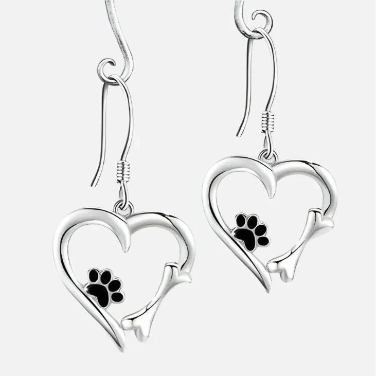 Silver pendant earrings with heart and paw design
