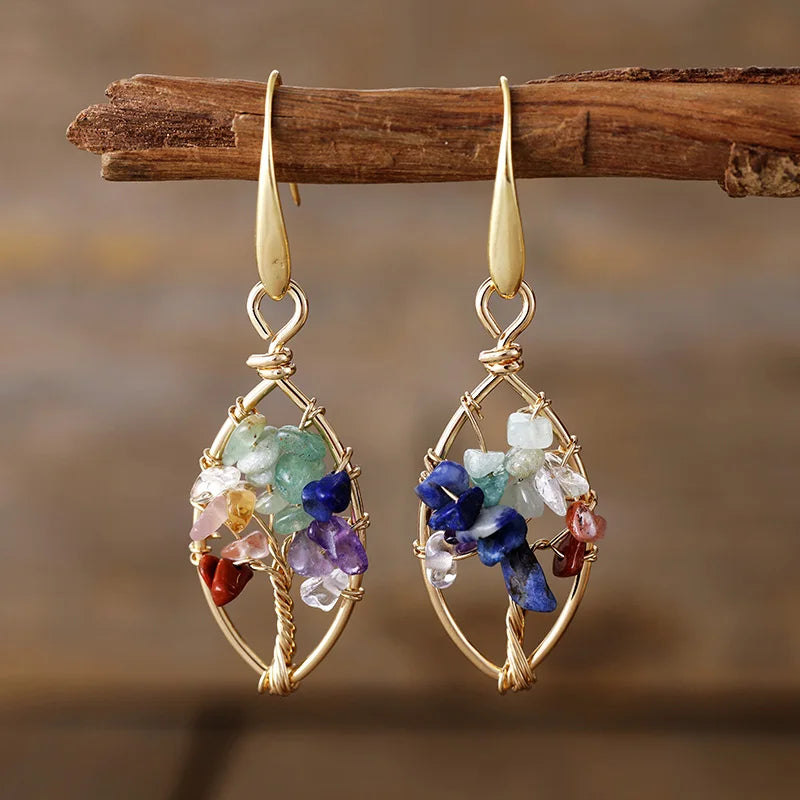 Gold Wire-Wrapped Gemstone Chip Earrings