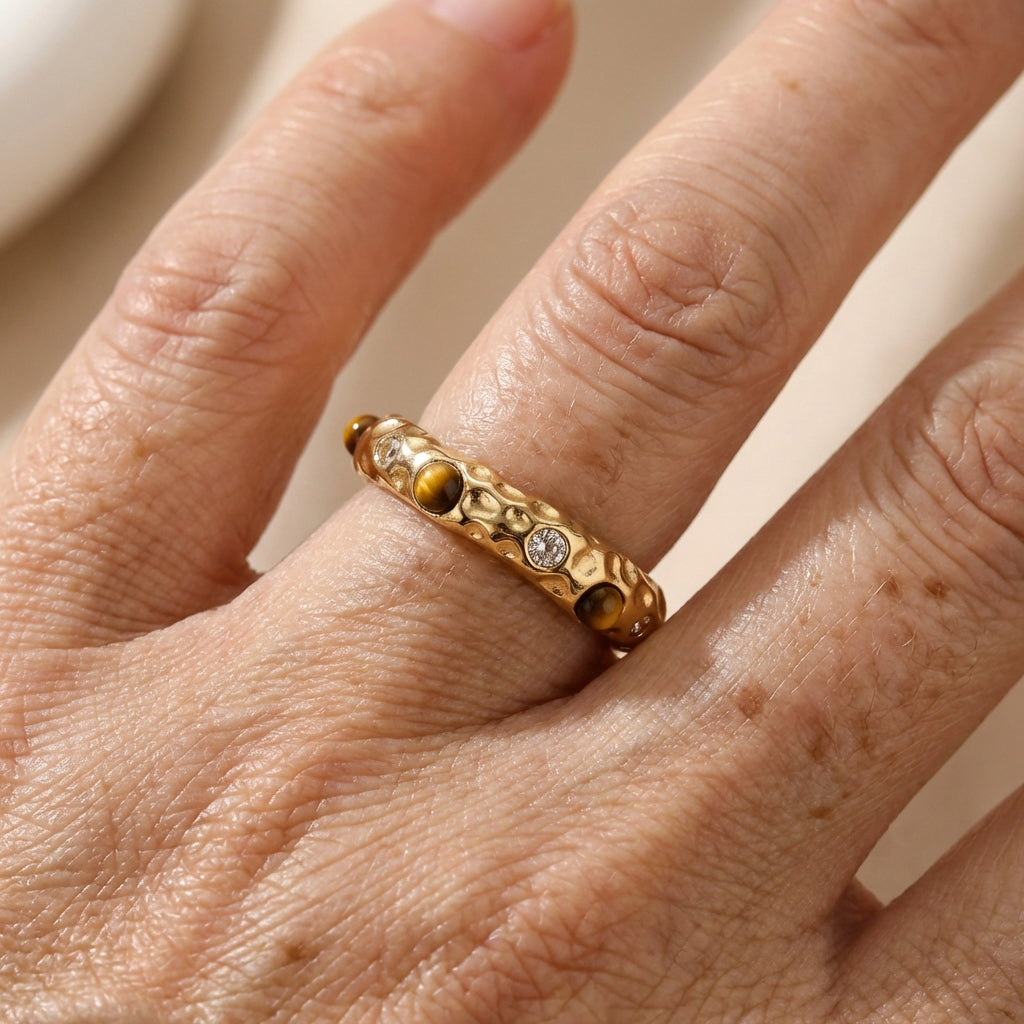Vintage Style Green Stone Golden Forged Ring