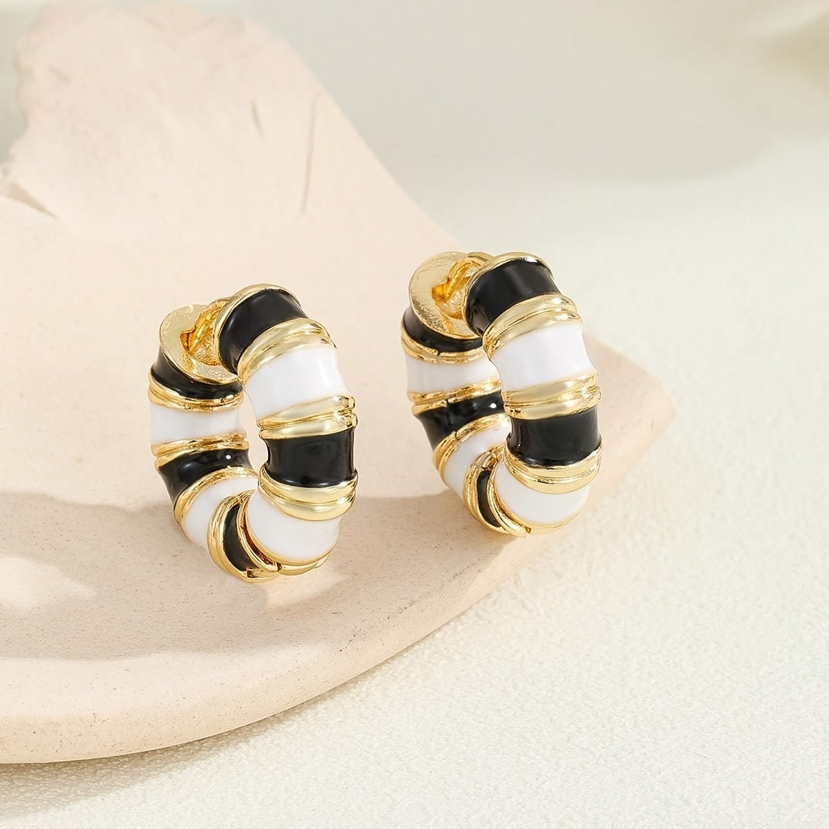 Vintage Enamel Huggie Hoop Earrings with Gold Accents