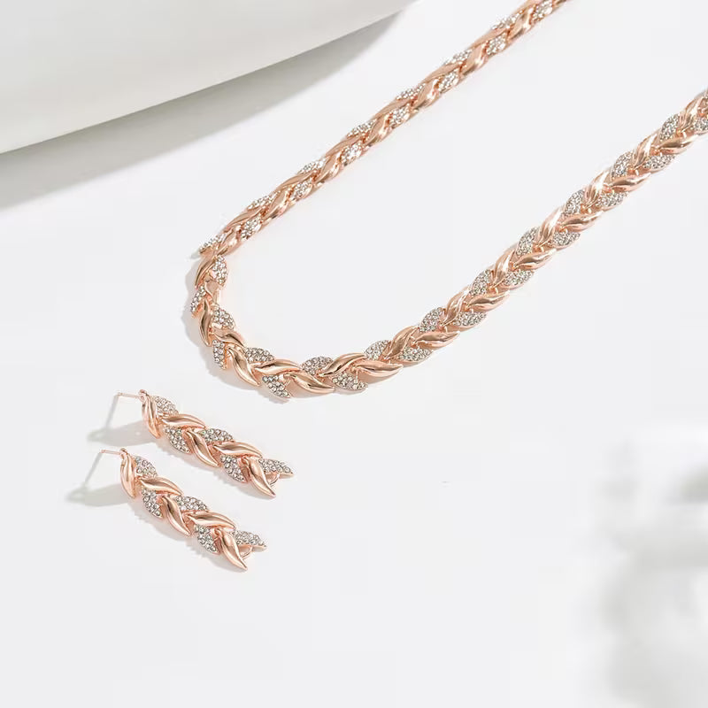 Rose Gold Leaf Chain Earrings & Bracelet Set