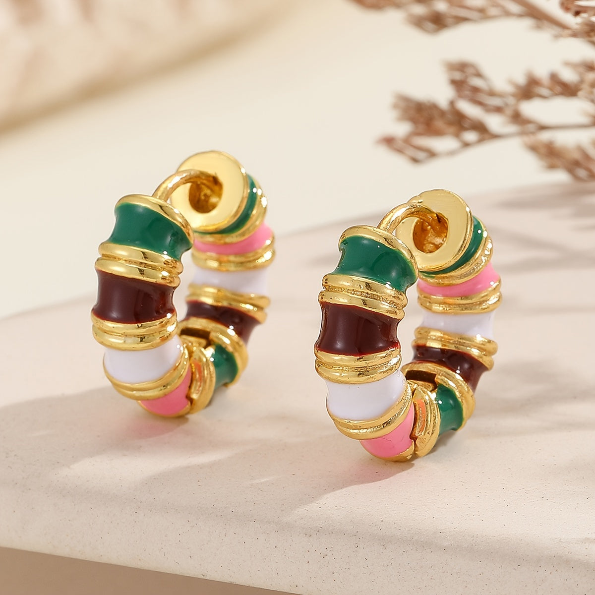 Vintage Enamel Huggie Hoop Earrings with Gold Accents