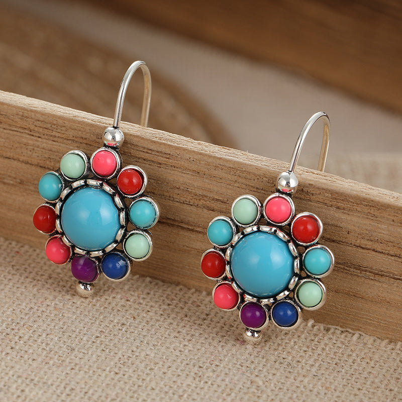 Colorful Turquoise & Coral Floral Dangle Earrings
