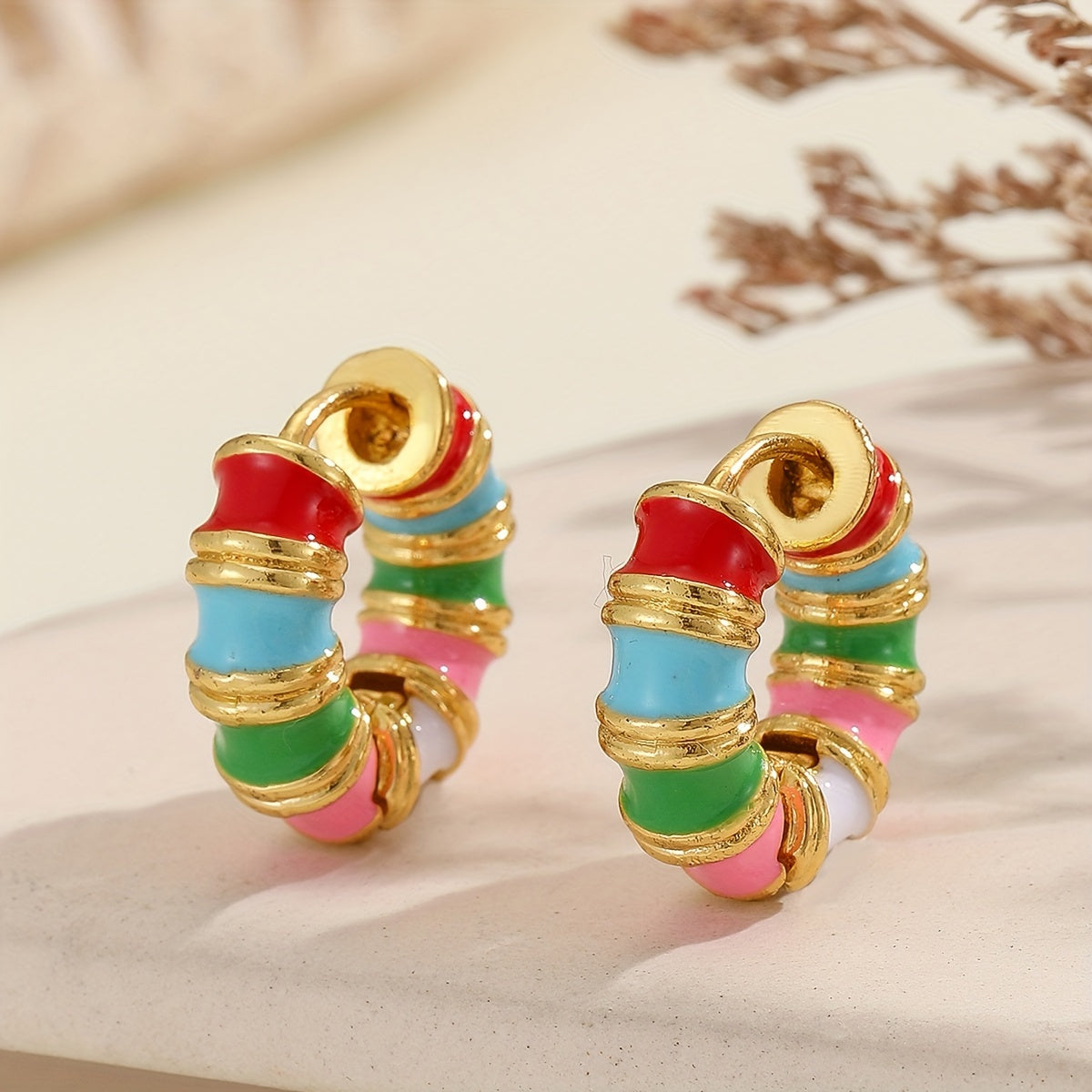 Vintage Enamel Huggie Hoop Earrings with Gold Accents