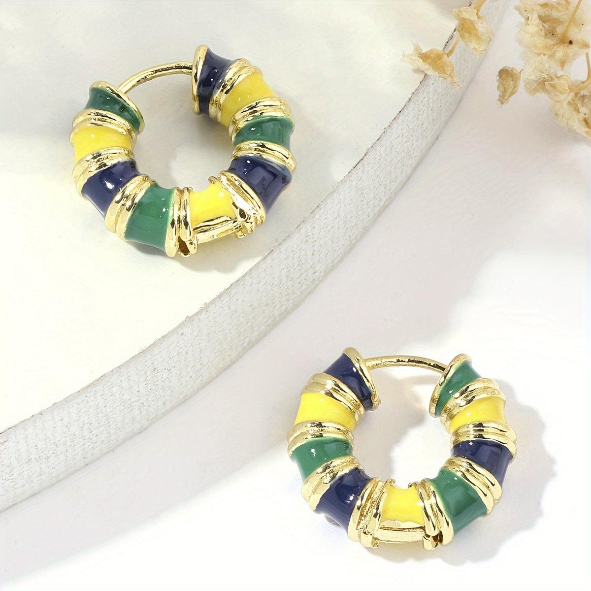 Vintage Enamel Huggie Hoop Earrings with Gold Accents