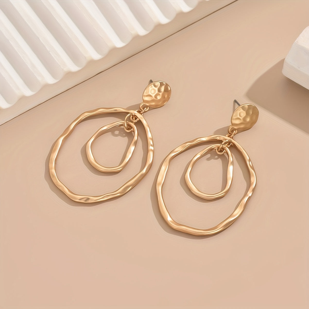 Boho Style Hammered Gold Double-Hoop Drop Earrings
