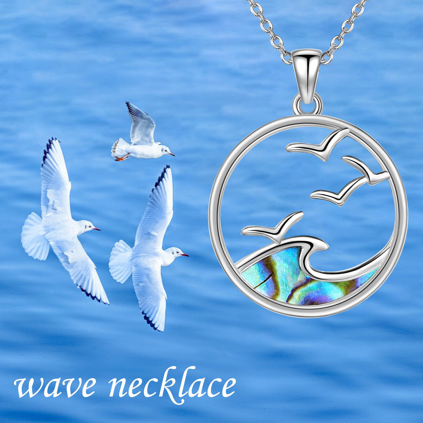 Sterling Silver Seagull & Ocean Wave Pendant Necklace