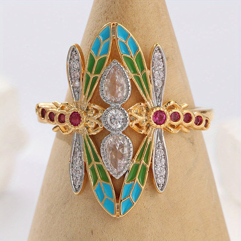 Bohemian Art Nouveau Dragon Fly Zirconia Gold Plated Ring