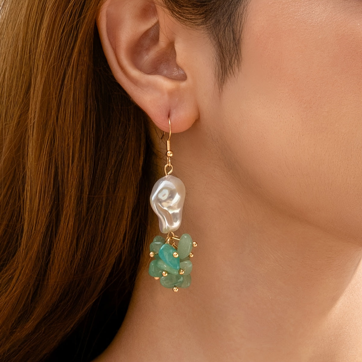 Bohemian Green Bead Drop Cluster Earrings