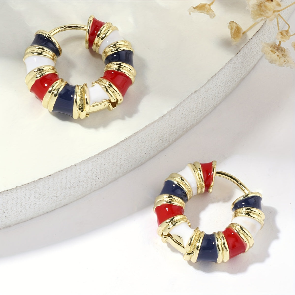 Vintage Enamel Huggie Hoop Earrings with Gold Accents