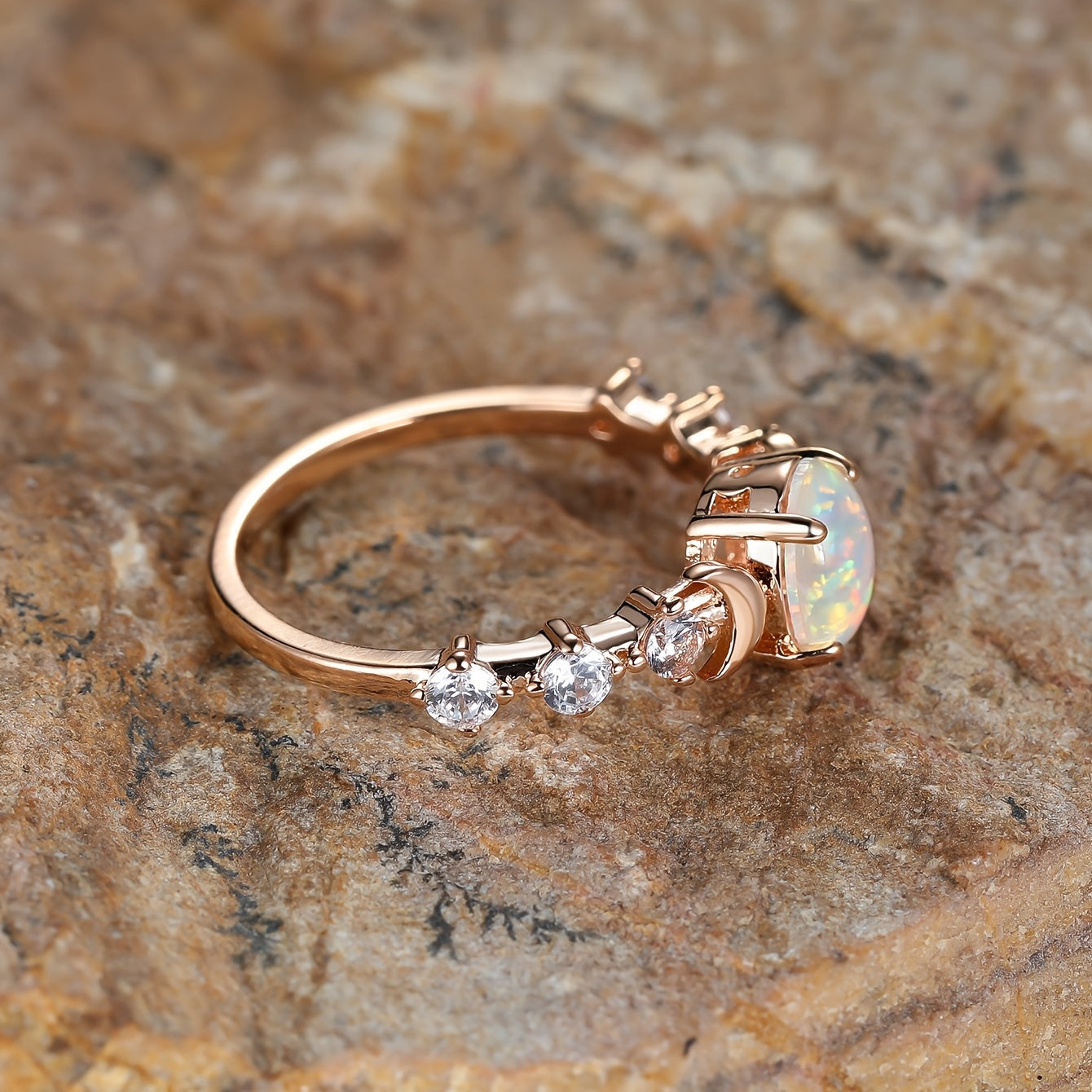 Elegant Rainbow White Fire Opal Small Moon Gold Plated Rings