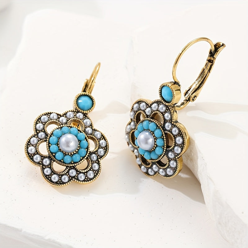 Floral Turquoise & Pearl Gold Plated Leverback Earrings
