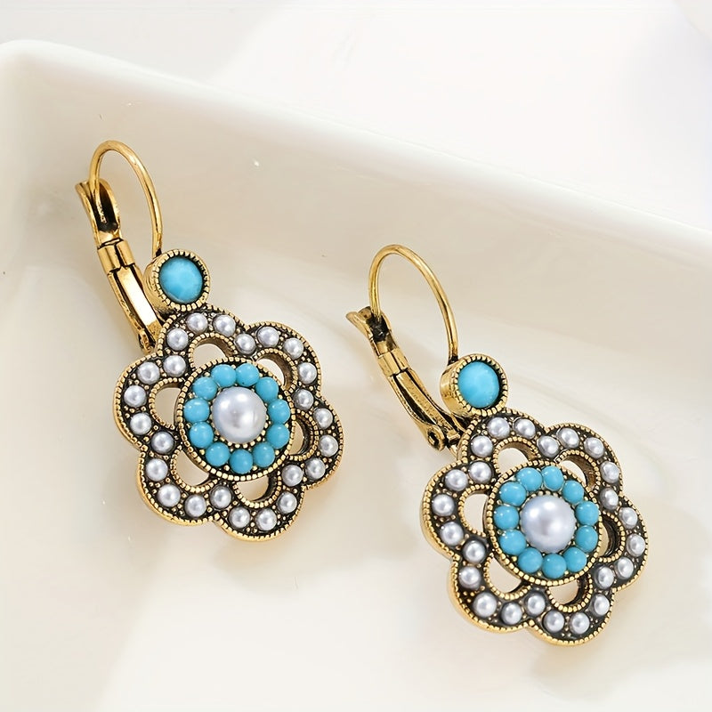 Floral Turquoise & Pearl Gold Plated Leverback Earrings