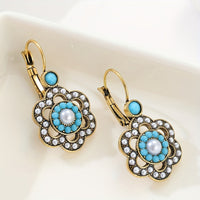 Floral Turquoise & Pearl Gold Plated Leverback Earrings