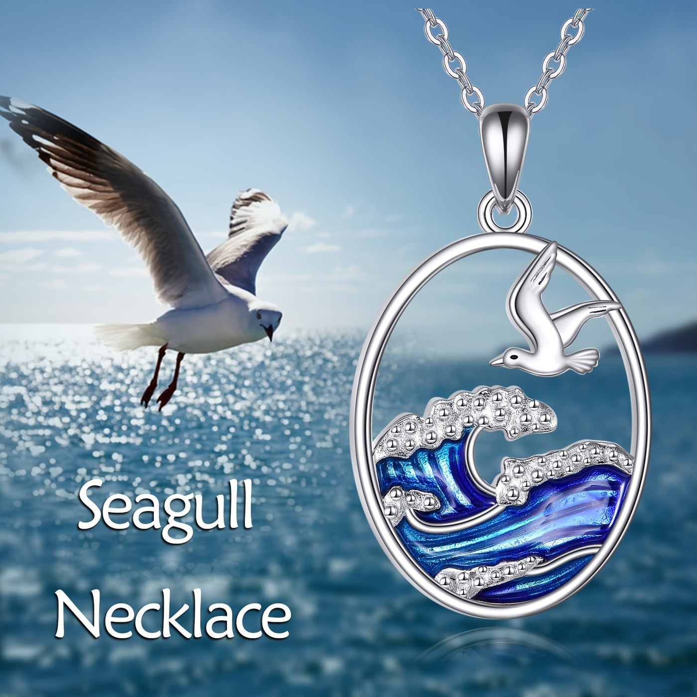 Sterling Silver Ocean Wave & Seagull Pendant Necklace