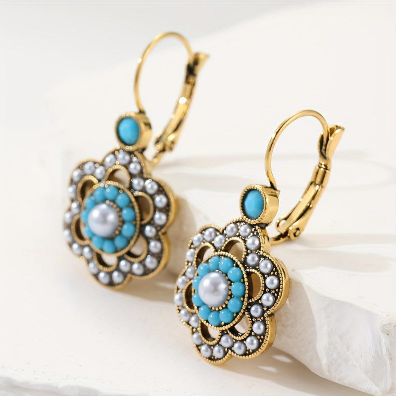 Floral Turquoise & Pearl Gold Plated Leverback Earrings