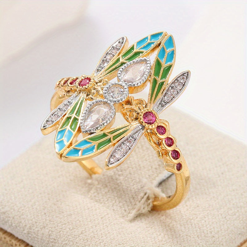 Bohemian Art Nouveau Dragon Fly Zirconia Gold Plated Ring