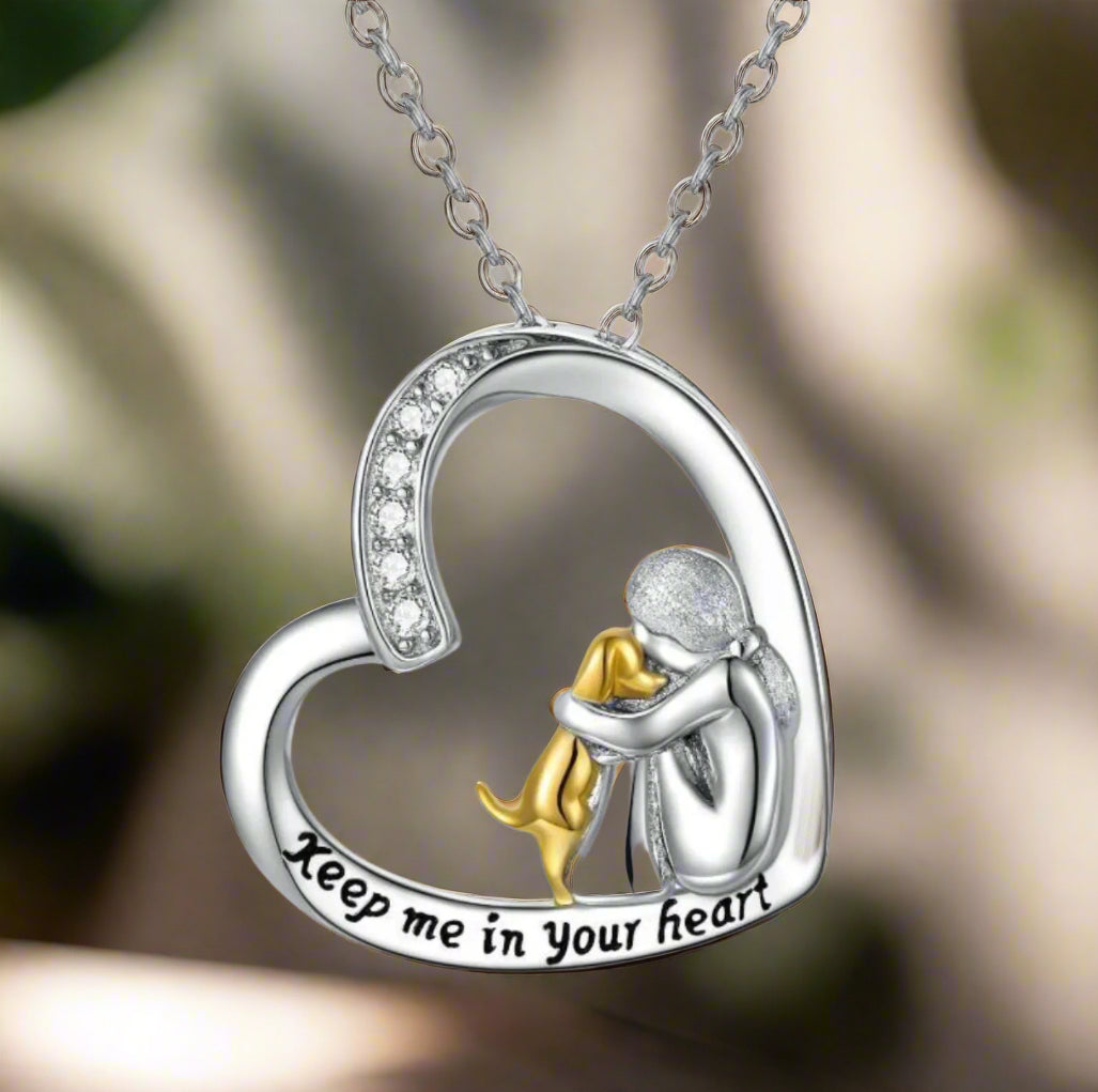 Silver heart necklace with dog and zirconia stones