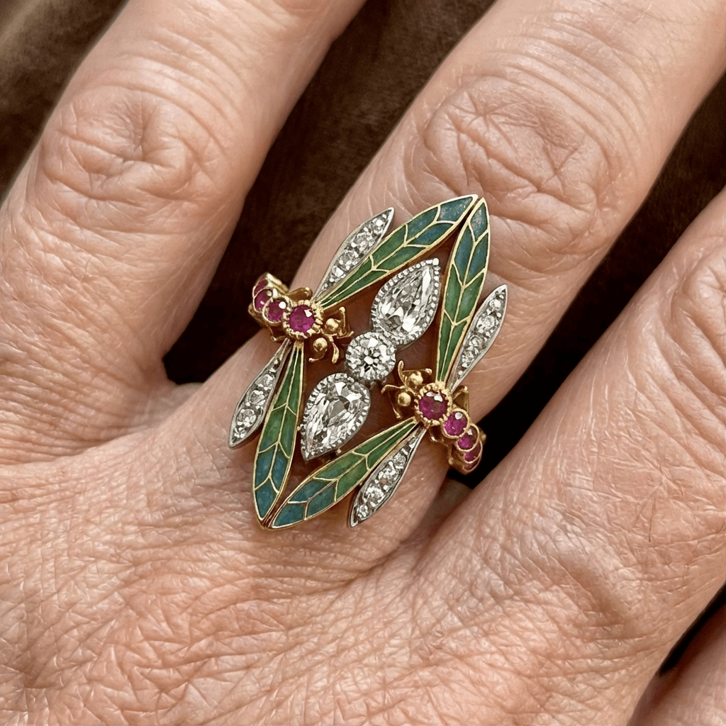 Bohemian Art Nouveau Dragon Fly Zirconia Gold Plated Ring