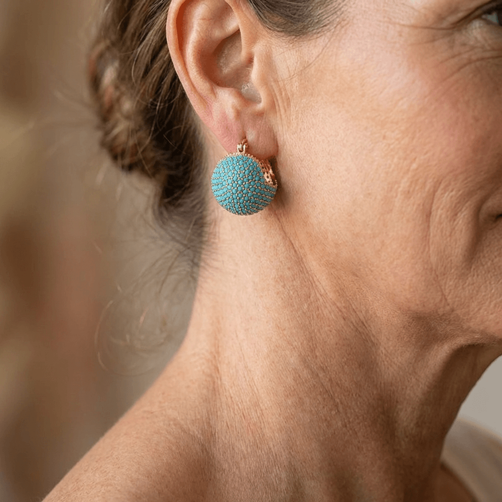 Classic Retro Style Gold Turquoise Dome Hoop Earrings