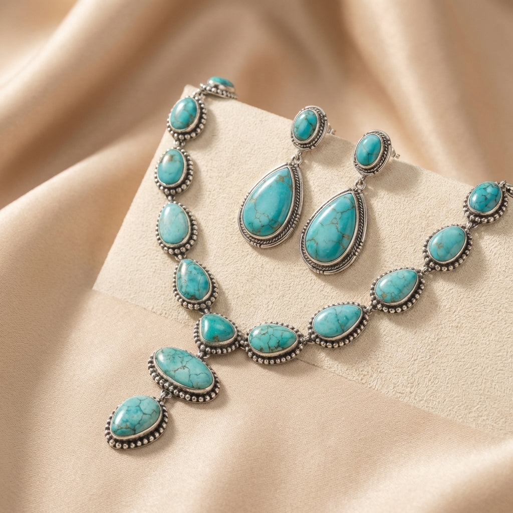 Elegant Vintage Turquoise Statement Necklace & Earrings