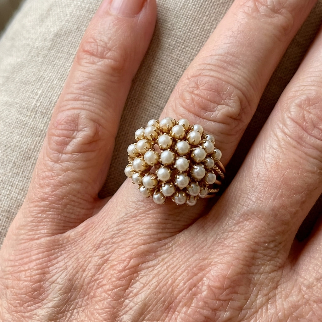 Vintage Inspired White Faux Pearl Cluster Ring