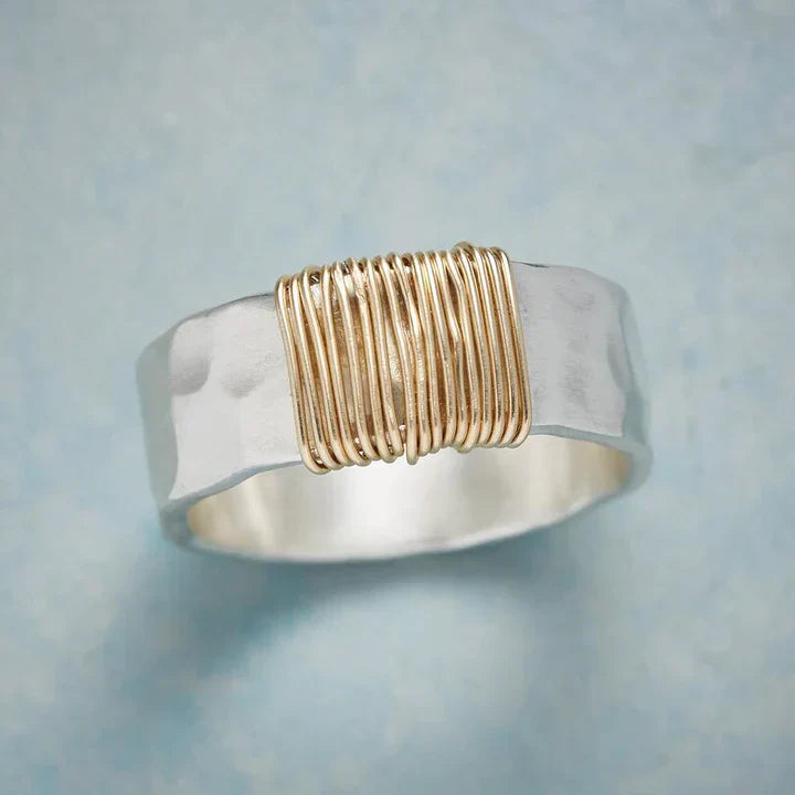 Hammered Silver & Gold Wire Artisan Statement Ring