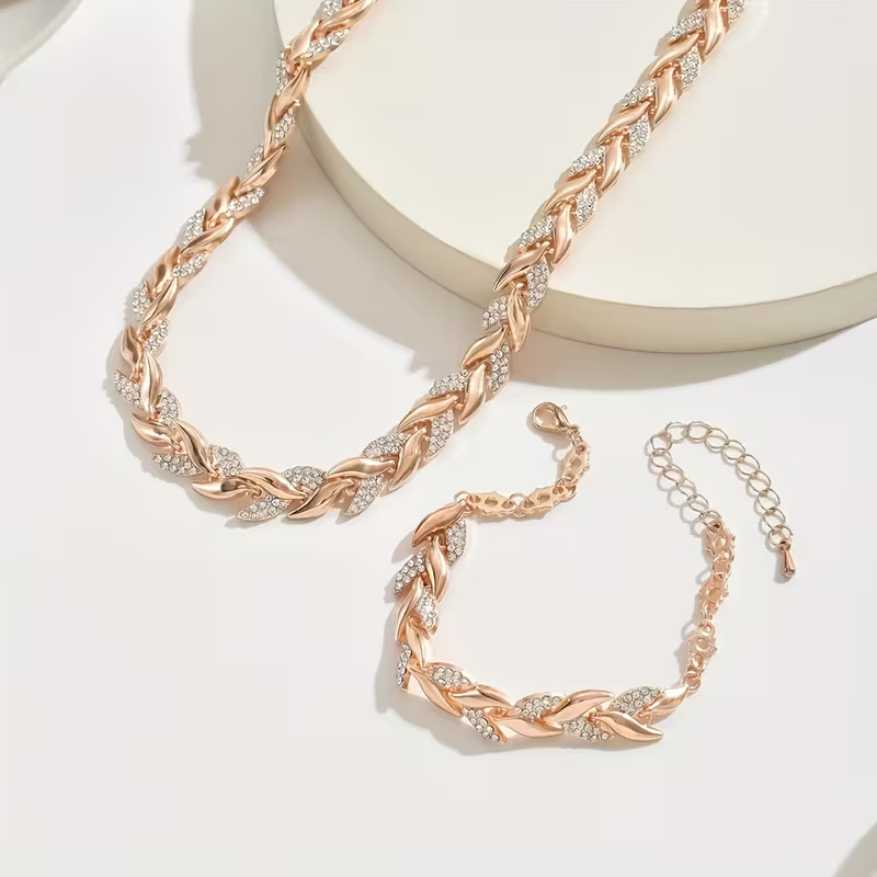 Rose Gold & Silver Leaf Chain Necklace & Bracelet Set