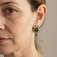 Vintage Floral Round Green & Red Crystal Earrings